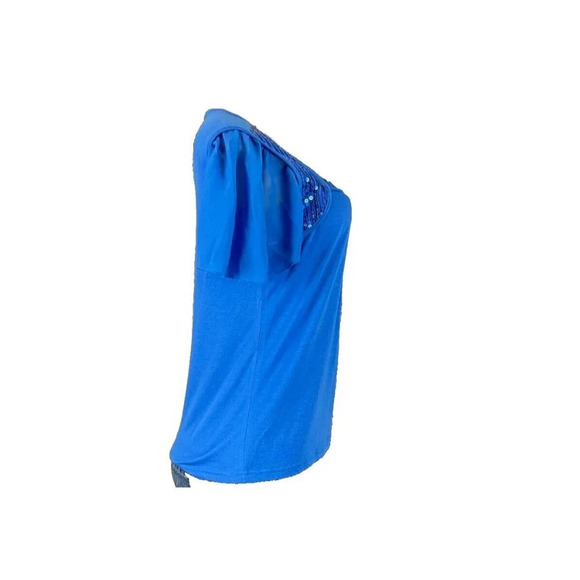 Once Again M Blue Square Neckline Sequin Accent Mesh Short Sleeve Top - Picture 3 of 6